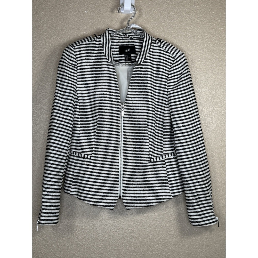 H&M Blue White Striped Textured Jacket Women SZ 6 Zip Front Bouclé Modern Chic